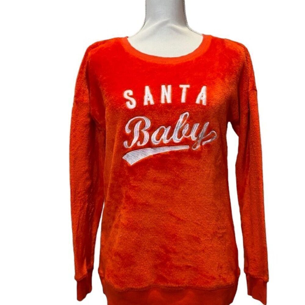 Jenni Intimates Santa Baby Fuzzy Sweatshirt Fleece Red /White Embroidery‎ Size S
